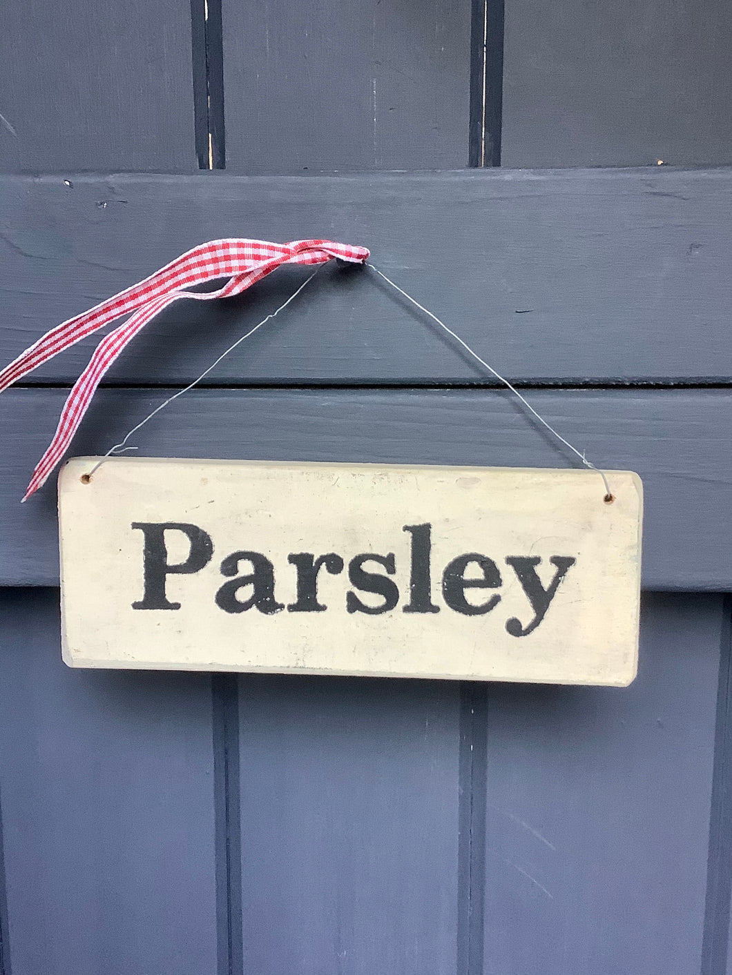 Parsley Wooden Sign Cream with Wire Hanging and Red Ribbon