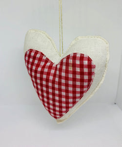 Hand Made Fabric Hanging Heart - Red and White Checked - White Linen