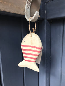 Red Stripy Wooden Hanging Fish With Wooden Heart Tag East Of India 