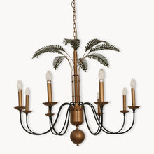 Load image into Gallery viewer, ANTIQUE BLACK AND BRASS CHANDELIER WITH GREEN LEAVES
