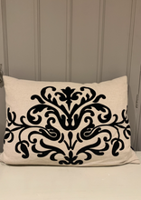 Load image into Gallery viewer, Fleur Motif Detail Linen Cushion With velvet embossed by the interior co 
