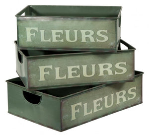 Set Of Three Tin Planter Fleurs trays in Green