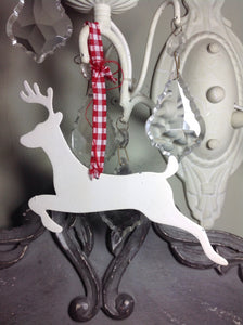 Leaping cream metal reindeer with gingham ribbon loop tree decoration
