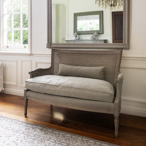 GREY WASH BERGERE SOFA WITH LINEN CUSHIONS