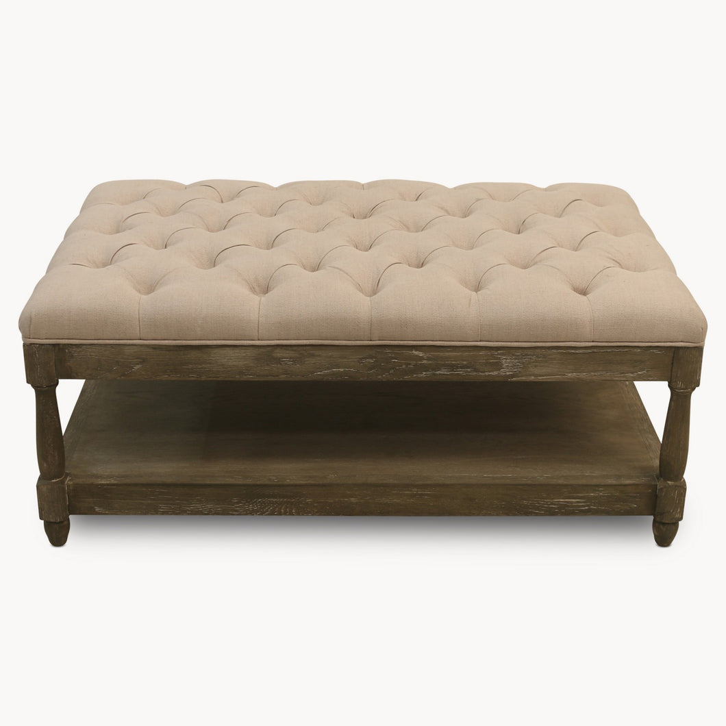 Beige Buttoned Oak Coffee Table With Shelf In Lime Washed Effect
