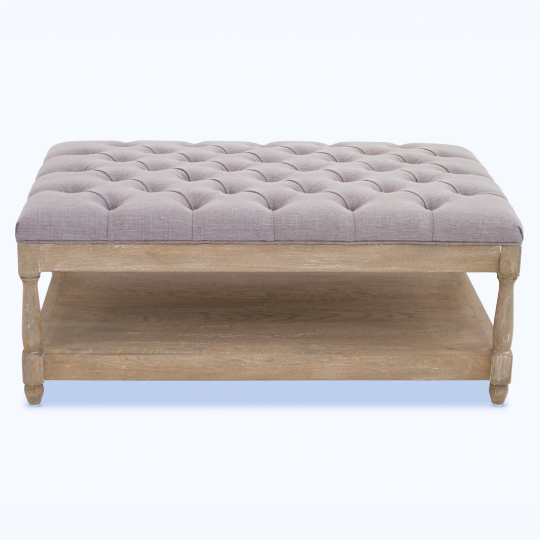 Soft Grey Buttoned Oak Coffee Table With Shelf In Lime Washed Effect