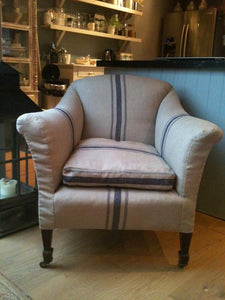 Vintage 1930 lounge chair - Uppholstered in Biggie Best Antique style french blue stripped Linen
